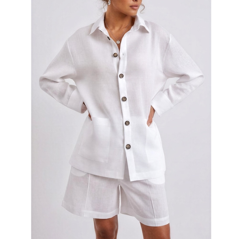 SLEEPER Linen Pajama Set With Shorts, White, XS/S
